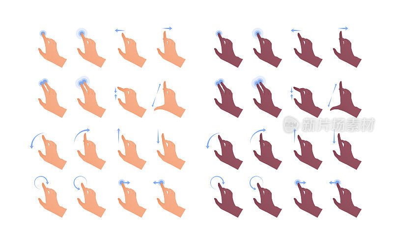 Hand gesture icon collection. Vector flat multiracial illustration set. Caucasian, african american multiracial ethnic. Finger touch screen application control and point symbol. Design element for web.